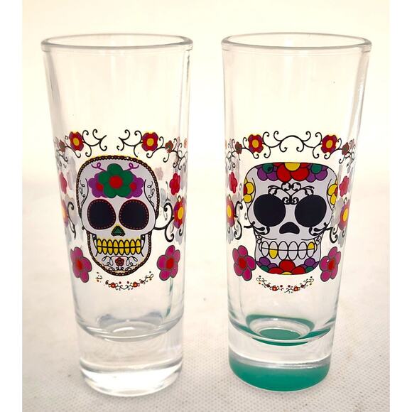 SHOT GLASSES-DAY OF THE DEAD-SUGAR SKULL-Colorful-2 oz (1/4 cup)-Set of 2 - Picture 7 of 9